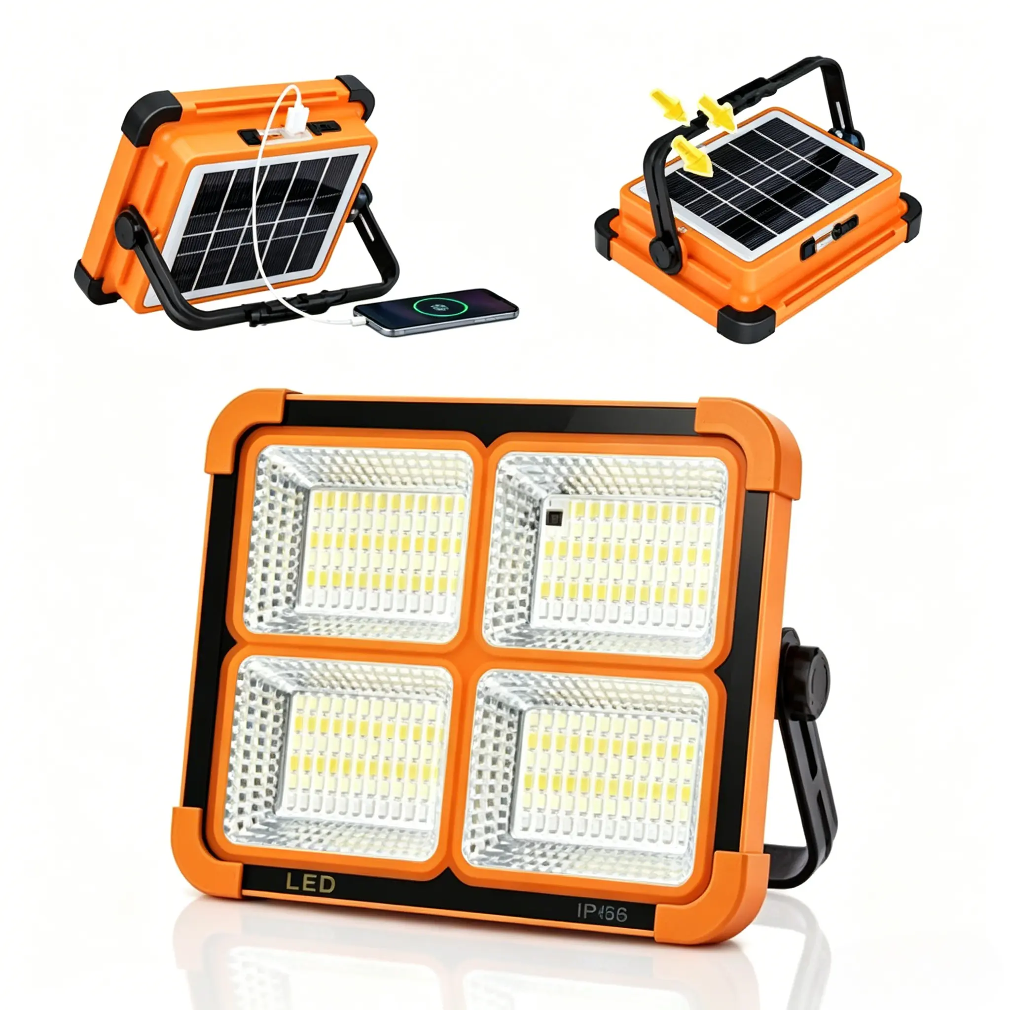 Solar Rechargeable LED Work Light - 288 Super Bright 5730 Beads Floodlight with USB & Type-C Charging, 5 Lighting Modes, IP66 Waterproof Portable Dimmable Emergency Flashlight, Solar Powered Rechargeable Powerful Flashlights for Camping, Fathersdaygift