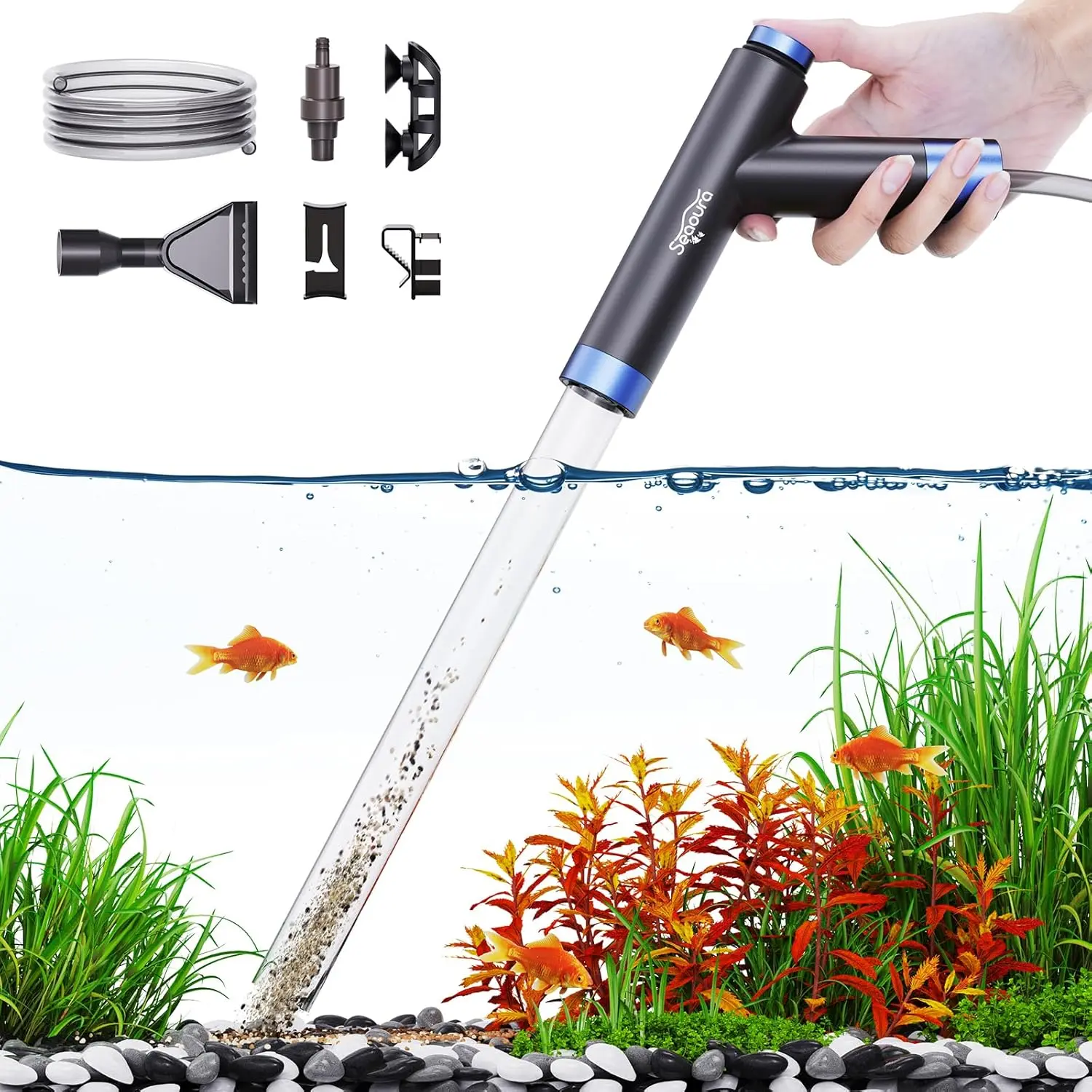 Seaoura Aquarium Gravel Cleaner Kit, Fish-Safe Water Changer with Pressure-Operated Button, Portable Handheld Quick Cleaning Tool (1 Count), Fish-Safe Water Changers, 1 Tube + Head Accessories(17 Inches), 1 Tube(15.74 Inches)
