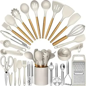 Silicone Kitchen Utensil Set, 34PCS Heat Resistant Kitchen Gadgets and Tools With Grater, Wood Handles for Nonstick Cookware