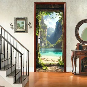 Tropical Beach Door Mural, Self-Adhesive Peel & Stick Natural Landscape Decorative Sticker, Modern Paper Door Decal, Living Room Bedroom Door Decoration, Nature Ornaments