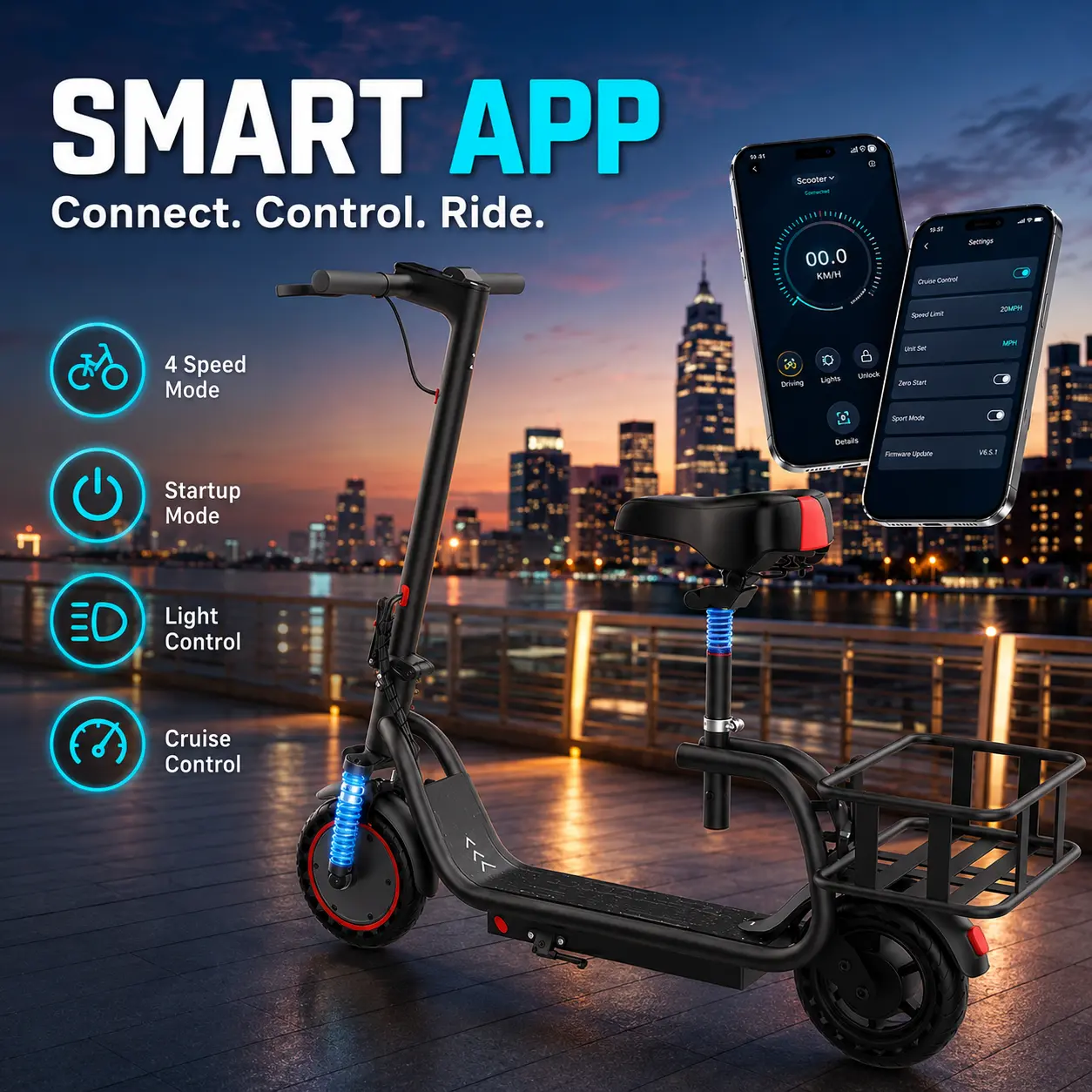 Adults' 350W Foldable UL 2272 Certified Commuter Electric Scooter, 19MPH Top Speed, 16/28 mi Range, 4 Speed Modes, 5X Shock Absorption, Smart APP Control, Detachable Seat, Rear Basket