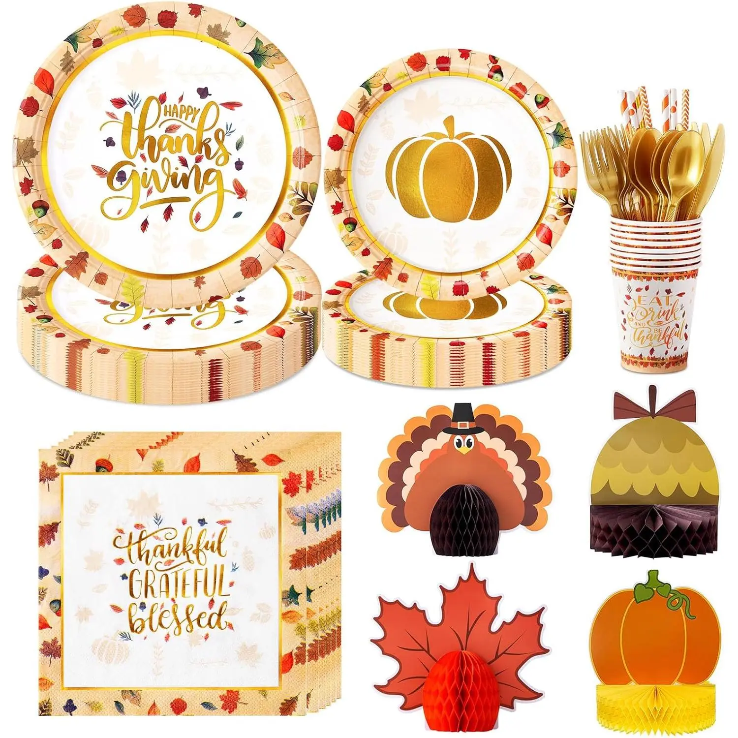 196 PCS Thanksgiving Plates Napkins Dinnerware Sets, Thanksgiving Paper Disposable Plates 24 Guests-Thanksgiving Plates, Napkins, Cups, Tableware, 4 Honeycomb Centerpieces Table