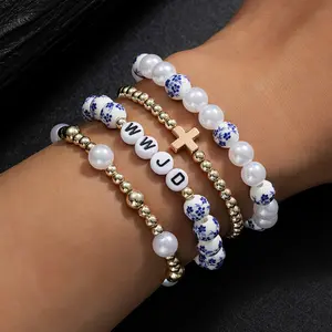 4Pcs Fashionable Bohemian Style Elegant Blue and White Porcelain Faux Pearl & Golden Beaded Bracelet Set Antique-Style Cross Multi Layer Stretch Bracelets, Perfect for Birthday, Anniversary & Christmas Gift
