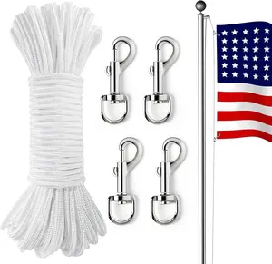 100Ft Flag Pole Rope, Flag Pole Halyard Rope Kit with 4 Pcs Zinc Alloy Swivel Snap Hooks, Double Braided Nylon Flagpole Line Rope for Outdoor, Flag, Swing, Clothesline, Climbing, Camping DKHDBD
