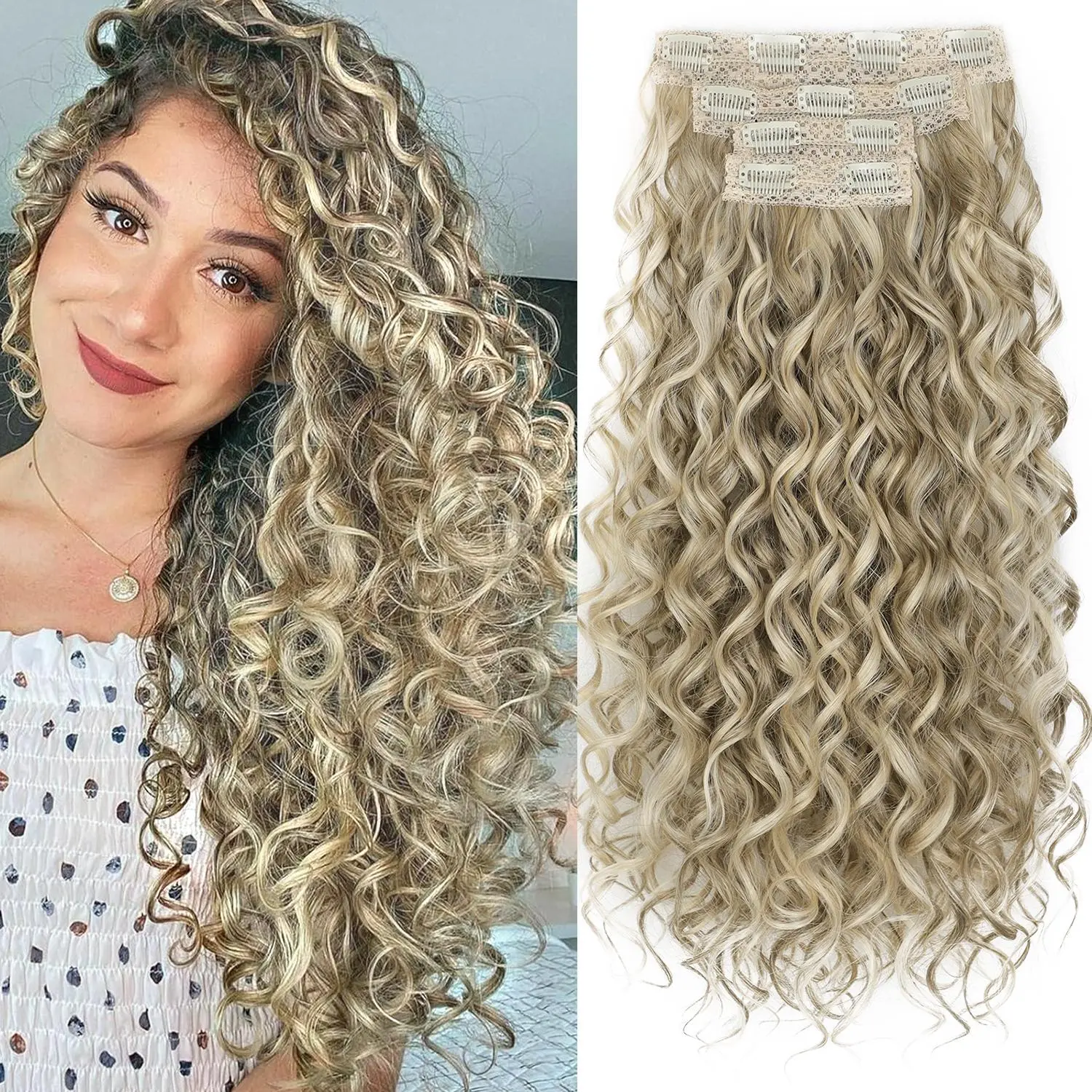 Women's 22-Inch Soft Synthetic 4-Piece Clip-In Wavy Curl Hair Extension Kit, Seamless Wefts, Instant Volume Boost & Length, Natural Look for Daily Wear