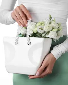 White Ceramic Purse Vase for Flowers – Bag Glazed Vases for Home Decor - Pottery Vase for Flowers - Handbag Flower Vase - Handmade Vase Clay - Gift Wife Bouquet - Vases for Centerpiece Table Home Indoor Desk Decor Dinning Table Living Room - Glam Decor
