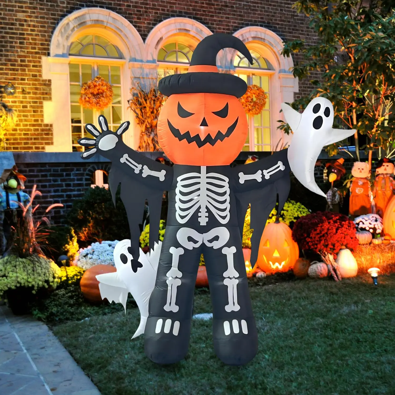 8 FT Halloween Inflatable Skeleton with Pumpkin Head and Floating Ghosts, Built in LED Lights, Blow Up Outdoor Yard Decoration for Lawn, Garden, Patio and Holiday Party