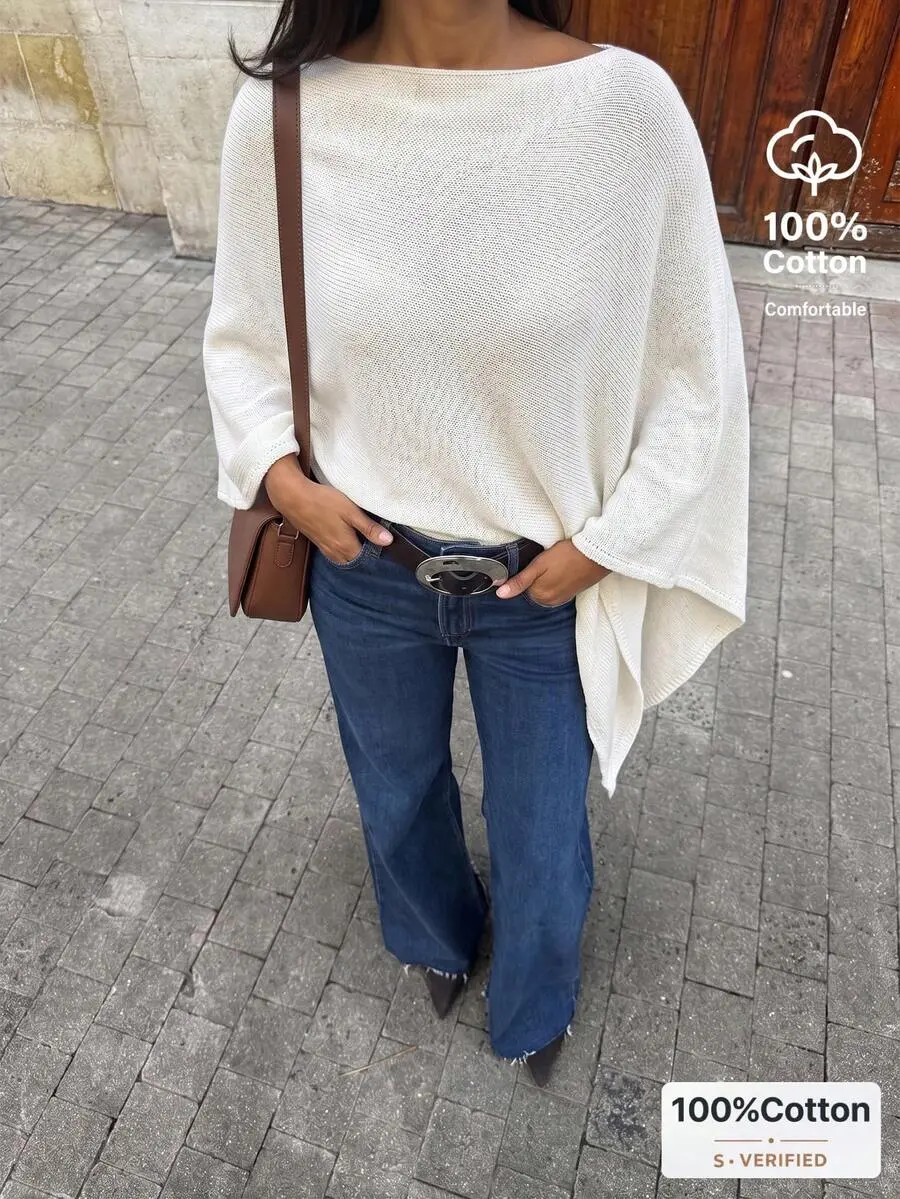 Women's Spring/Summer Minimalist V-Neck Asymmetric Hem Loose Knit Cover Up Cover Up, Versatile Beach Vacation Daily Wear Sun Protection Sweater