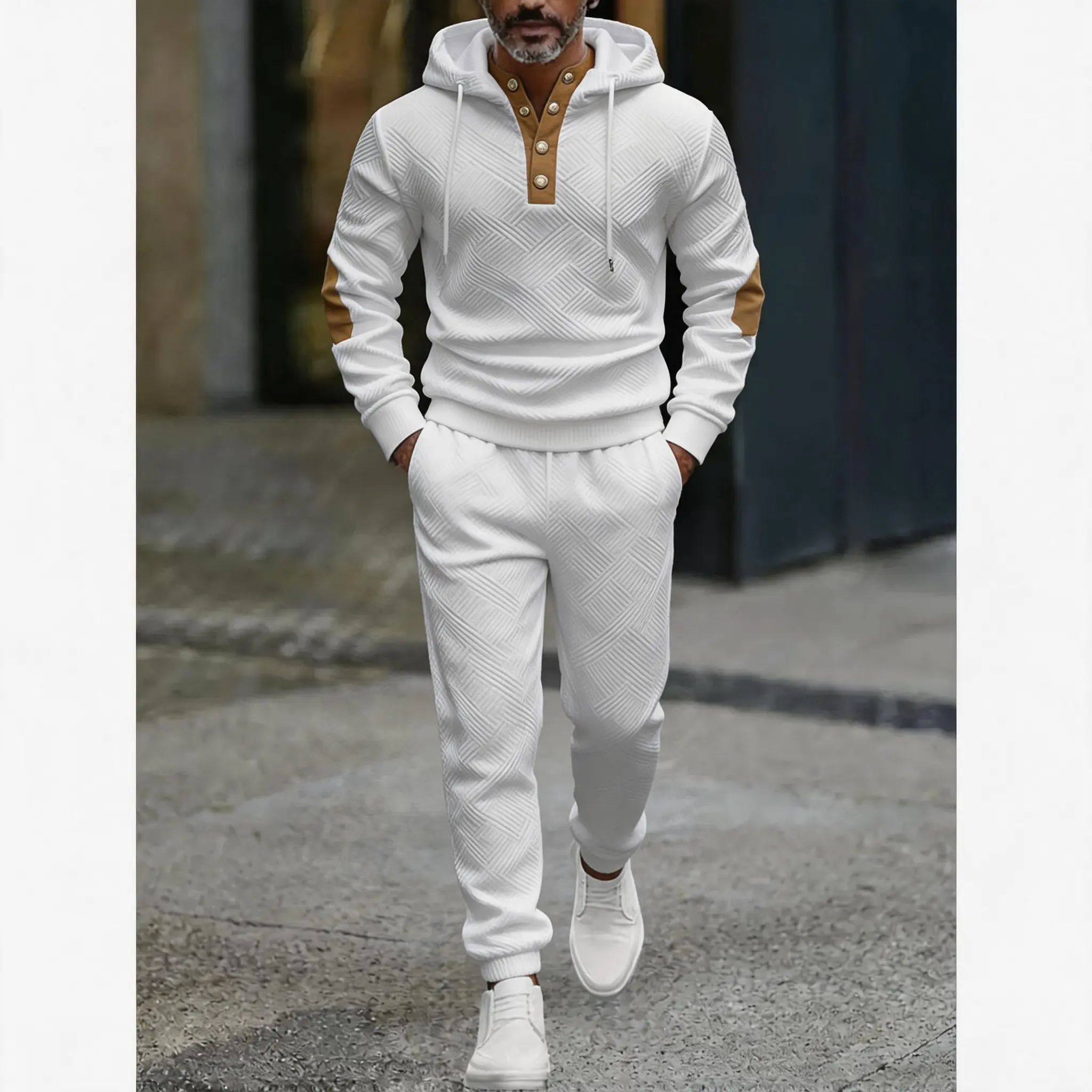Men's 2 Piece Tracksuit Set Geometric Textured Jacquard Hooded Sweatshirt & Jogger Pants Casual Athletic Sweatsuit with Henley Button Placket Color Block Elbow Patches