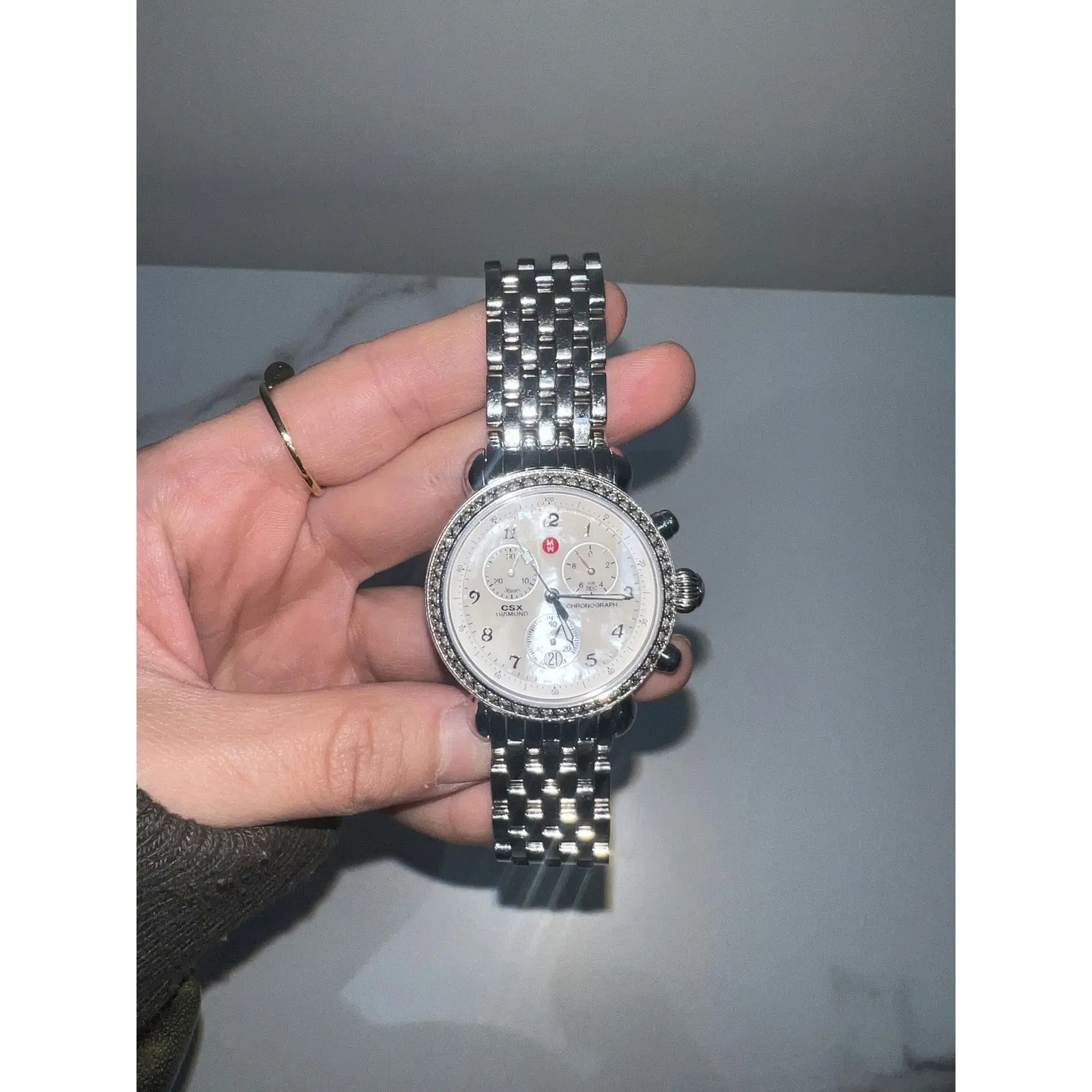 Michele Diamond Chronograph Watch - Stainless Steel Bracelet, Mother of Pearl Dial