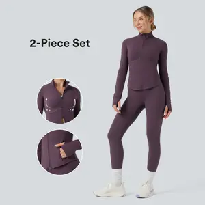Halara 2-Piece UltraSculpt Mock Neck Push-Up Long Sleeve Thumb Hole Yoga Jacket with Pockets & UltraSculpt High Waisted Tummy Control Pocket Shaping Training Leggings Set