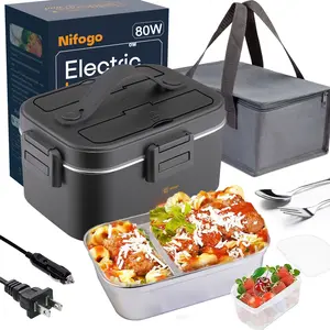 Electric Lunch Box 80W 1.5L Stainless Steel Bento Warmer with Indicator Light & Portable Tableware Set for Home Office Travel Food Quick Storage Fork 80W/1.5L/Black