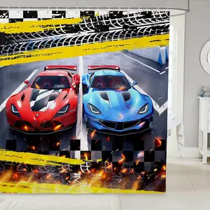 Feelyou Modern 72"x72" Extreme Sport Race Car Shower Curtain - Red and Blue Soft Waterproof Fabric, 3D Printed, 12 C-Hooks, Washable Bathroom Textile Accessory
