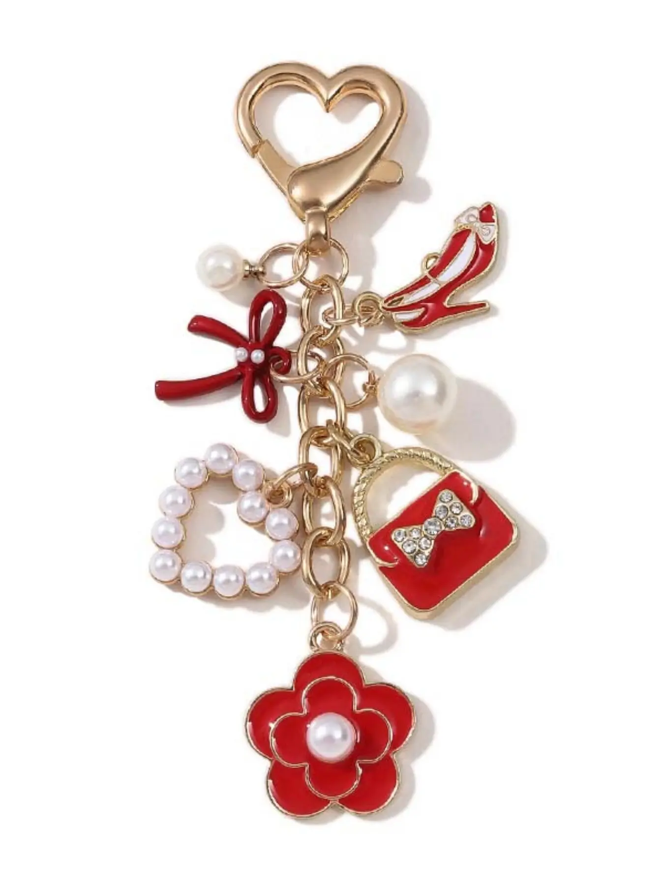 Elegant Bow Pearl Heart High Heel Keychain, Alloy Oil-Drop Charm, Fashionable Small Perfume Bag Pendant, Memorial Gift for Friends and Family, Heart Shape, Heart Design Keychain
