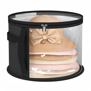 Foldable Hat Storage Bucket, Travel Organizer with Handle and Transparent Window, Round Collapsible Cap Holder for Clothes Organization