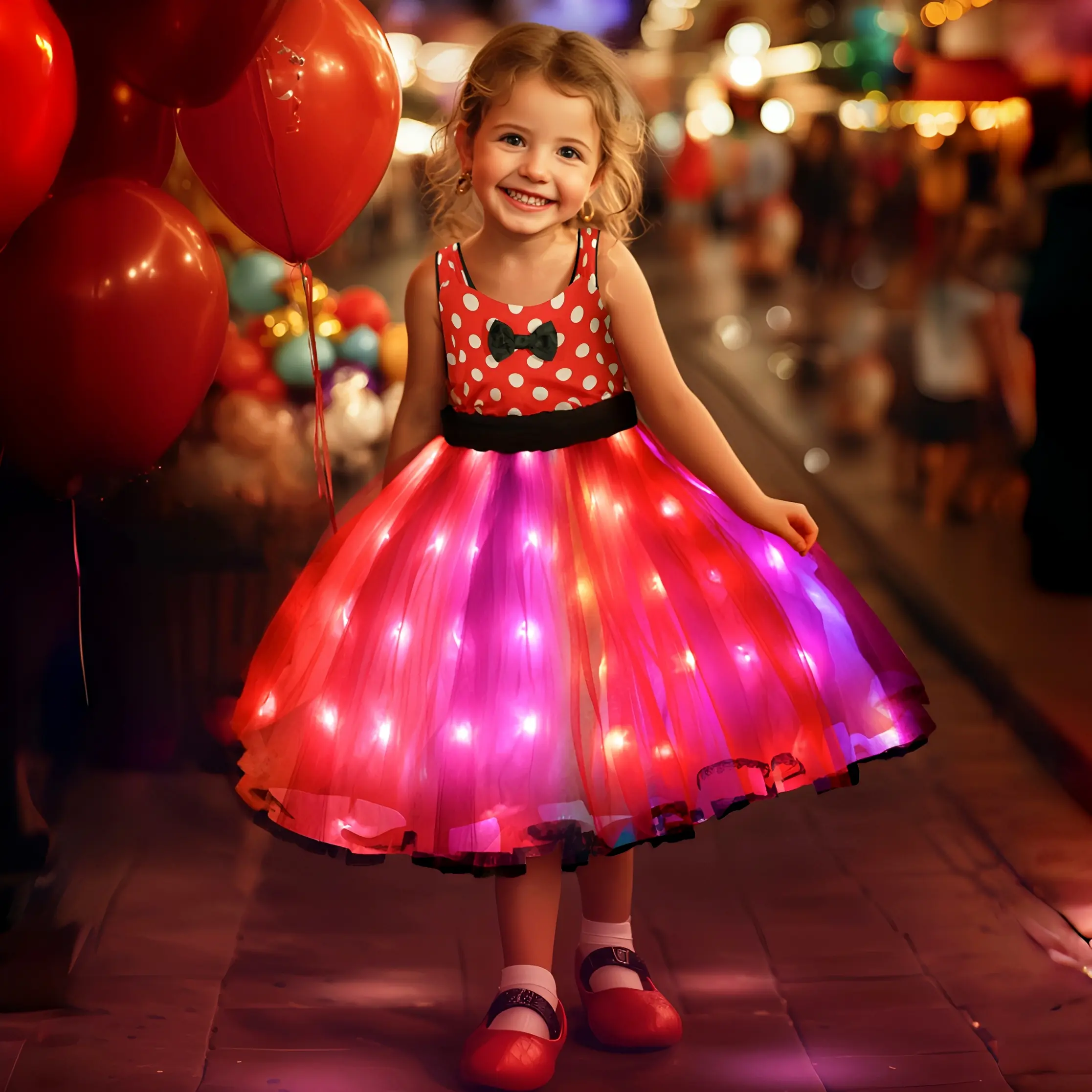 UPORPOR Girls' Red LED Lights Glitter Princess Costume Dress - Includes Dress, Headband & Remote, Light-Up Skirt, 100+ LED Modes with Music Sync, Cartoon Design, Ages 3-7 (3-4 Years Fit), Costume Ideas for Parties, Pretend Play, Polyester Clothes