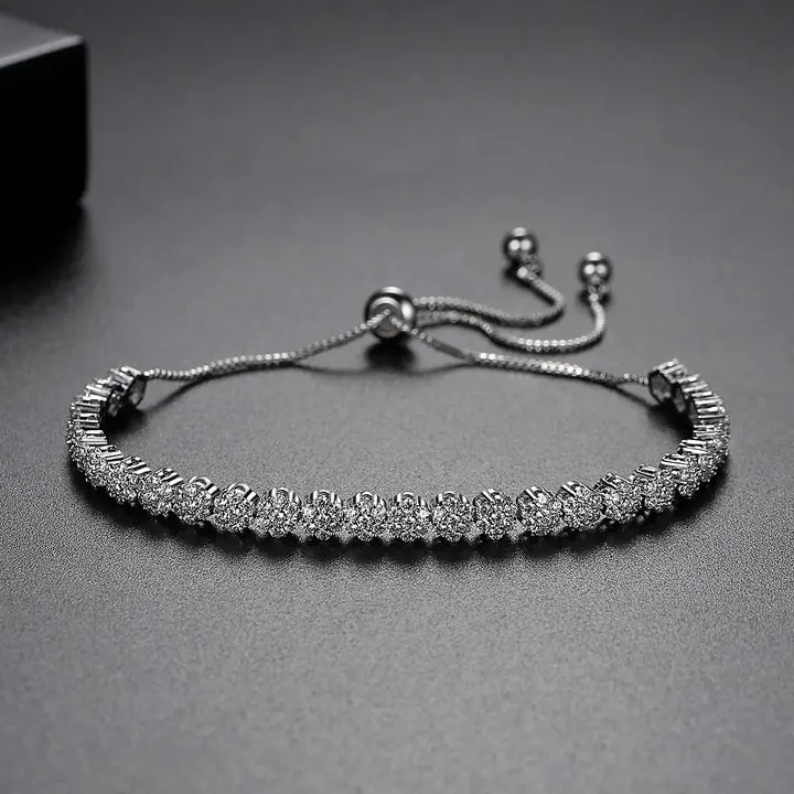 CzCity Fashion Classic Pull Chain Flower Tennis CZ Slide Bracelets for Women Elegant Zirconia B-2018082409 Adjustable Rhodium Plated Brass Bracelet
