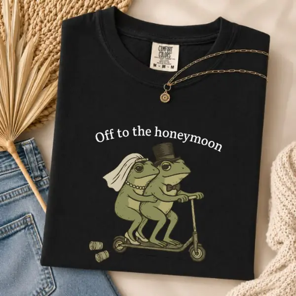 Comfort Colors Off to the Honeymoon Frog Shirt, Funny Just Married T-Shirt, Bride and Groom Frog Graphic Tee, Wedding Gift for Newlyweds, Cute Honeymoon Shirt, Vintage Garment Dyed Tee Comfy Cotton