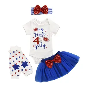 Newborn Baby Girl Outfits Infant Letter Print Romper + Tutu Skirt + Headband + Legging Warmer Independence Day Clothes Set