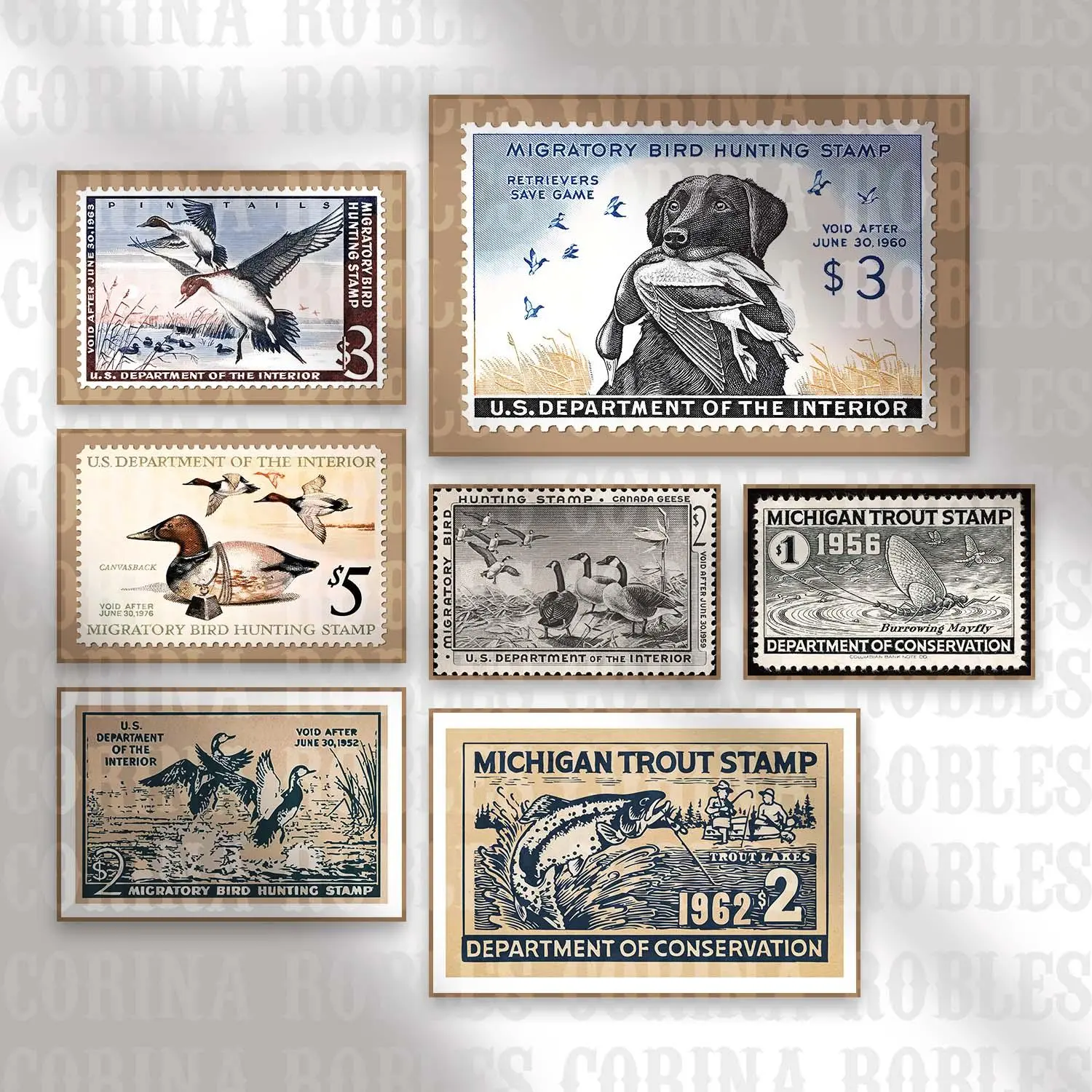 Retro Wildlife Stamp Collection Poster Unframed, Hunting Cabin Wall Art, Gift for Hunters and Dads