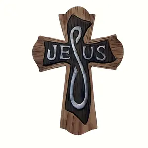 1 Large Jesus Wall Cross - Elegant Dark Brown/ Black Country Style Christian Church Home Decor - Heavy Duty Faux Timber Construction - Interior Religious Decor for Living Rooms, Prayer Rooms, Offices - Spiritual Gifts for Easter, Weddings, Funerals
