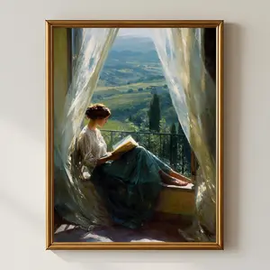 Romantic Woman Reading by Window Wall Art, Countryside View Painting, Vintage Elegant Lady Lifestyle Artwork for Cozy Home Décor
