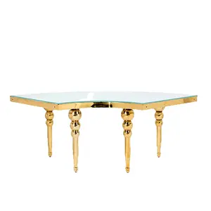 Gold Quarter Round Serpentine Dining Table with Glass Top U-Shape Elegant Design Functional & Stylish Modern Decor
