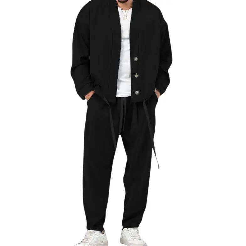 Men's Korean-Style Polyester 2-Piece Plain Matching Tracksuit - Long-Sleeve Top, Trousers for Casual Wear