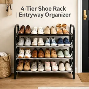 4-Tier Metal Shoe Rack for Entryway, Sturdy Freestanding Storage Organizer, Lightweight & No Assembly Required, Space-Saving Shoe Tower for Bedroom & Living Room Home Decor