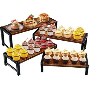 4 count  Risers Display Stand, 4 Tier Cupcake Holder with Metal Frame Wooden Risers for Table Display, Perfume Collectibles Organizer Shelf, Tiered Riser for Vendors, Buffet Risers for  Desserts Party Decor