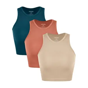 ODODOS 3-Pack Seamless Crop Tank for Women Ribbed Soft High Neck Cropped Tops Fit Cute
