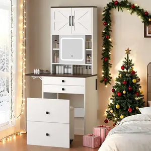 【Valentine’s Day Gift】3 in 1 Small Vanity Desk with Mirror and Light, Makeup Vanity Table with Drawers for Small Space, Compact Mini Corner Vanity Set Dressing Table