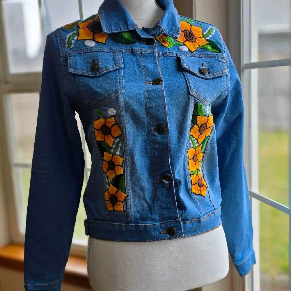 Embroidered Denim Jacket with Vibrant Floral Embroidery and Classic Button Front Design
