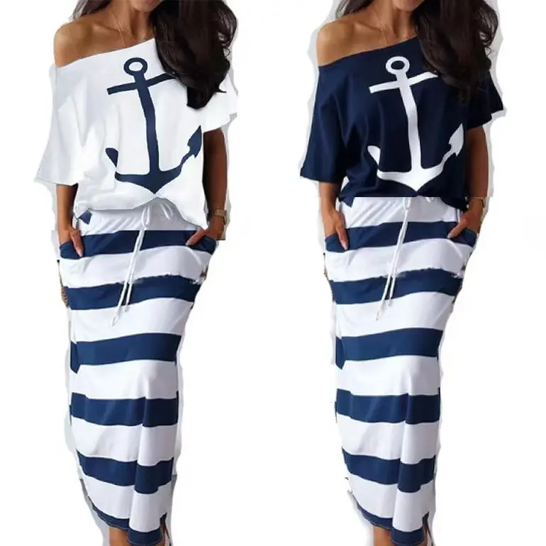 Nautical Anchor Print Off-Shoulder Top & Striped Maxi Skirt Set for Women Chic Casual Clothes Womenswear Beach Fashion Suits Batwing Navy Shortsleeve