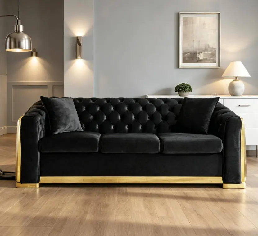 84" Mid-Century Modern Chesterfield 3-Seater Velvet Sofa, Luxury Button-Tufted Living Room Couch with Gold Stainless Steel Decor and 2 Pillows