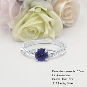 Twisted Split Shank 0.84 Carat Lab Alexandrite Ring Bridal Band Wedding Round Shape Ring 925 Sterling Silver 6.5mm