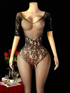 Women's Sexy Lace Fishnet Bodysuit, Open Crotch Full Body Pantyhose, Floral Lace Trim, Semi-Transparent Mesh Lingerie, Perfect for Parties