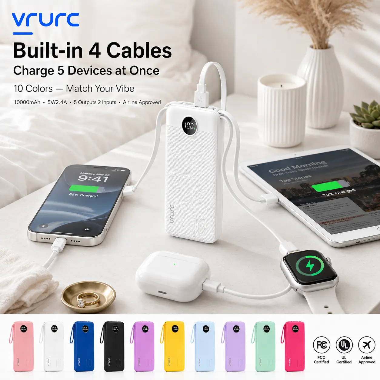 VRURC T116 10000mAh Portable Battery Power Bank, Emergency Battery Pack with 4 Built-in Cables, LED Display, Lanyard for Mobile Devices, iPhone, Samsung, Android, Tablet, iPad, Earbuds (USB-C, Micro USB Compatible)