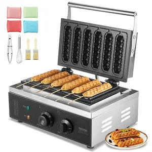 VEVOR Commercial Waffle Stick Maker, 6PCS 1500W Waffle Baker Machine, Non-Stick Stainless Steel Corn Hot Dog Waffle Iron with Temp and Time Control, Handle, for Restaurant Bakery Snack Bar Family