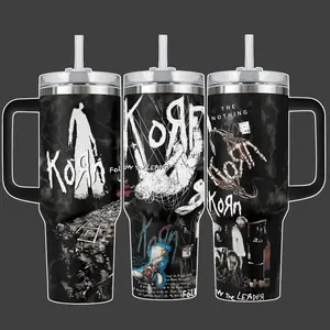 Korn Follow The Leader The Nothing Nu Metal Band Stainless Steel Insulated Tumbler Cup, 20oz/40oz with Straw Lid Included, 40oz Handle Option, Black White Full Wrap Design