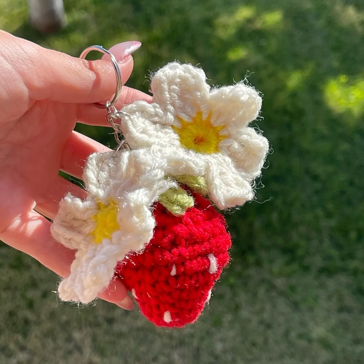 strawberry field crochet keychain