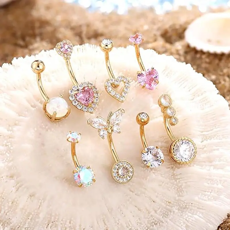 8PCS Sexy Navel Nail Set 14G Surgical Stainless Steel Bohemian Navel Piercing Hypoallergenic Belly Button Ring Piercing Luxurious Shiny Cubic Zirconia Butterfly,Heart,Round Body Piercing Jewelry Daily Vacations, Party Wear, Jewelry, Holiday Gift