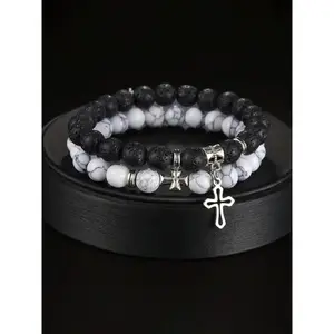 Stone & Cross Charm Decor Beaded Bracelets Set, Fashionable Jewelry for Women & Men, Trendy All-match & Exquisite Jewelry for Birthday Gift, Stackable Bracelets