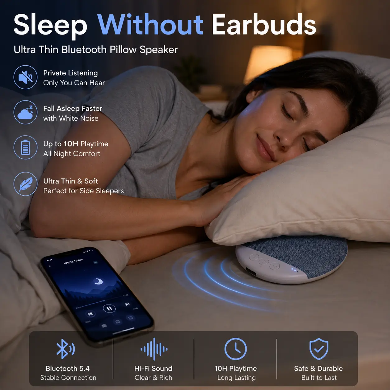 Ultra-Thin Bluetooth Pillow Speaker with Bluetooth 6.0, 3D White Noise, Soft Immersive Sound Field, Air Conduction Audio Design, Pillow Speaker for Bedtime Music & Audiobooks, Headphone-Free Sleep Sound, Compatible with Android & iOS Connection