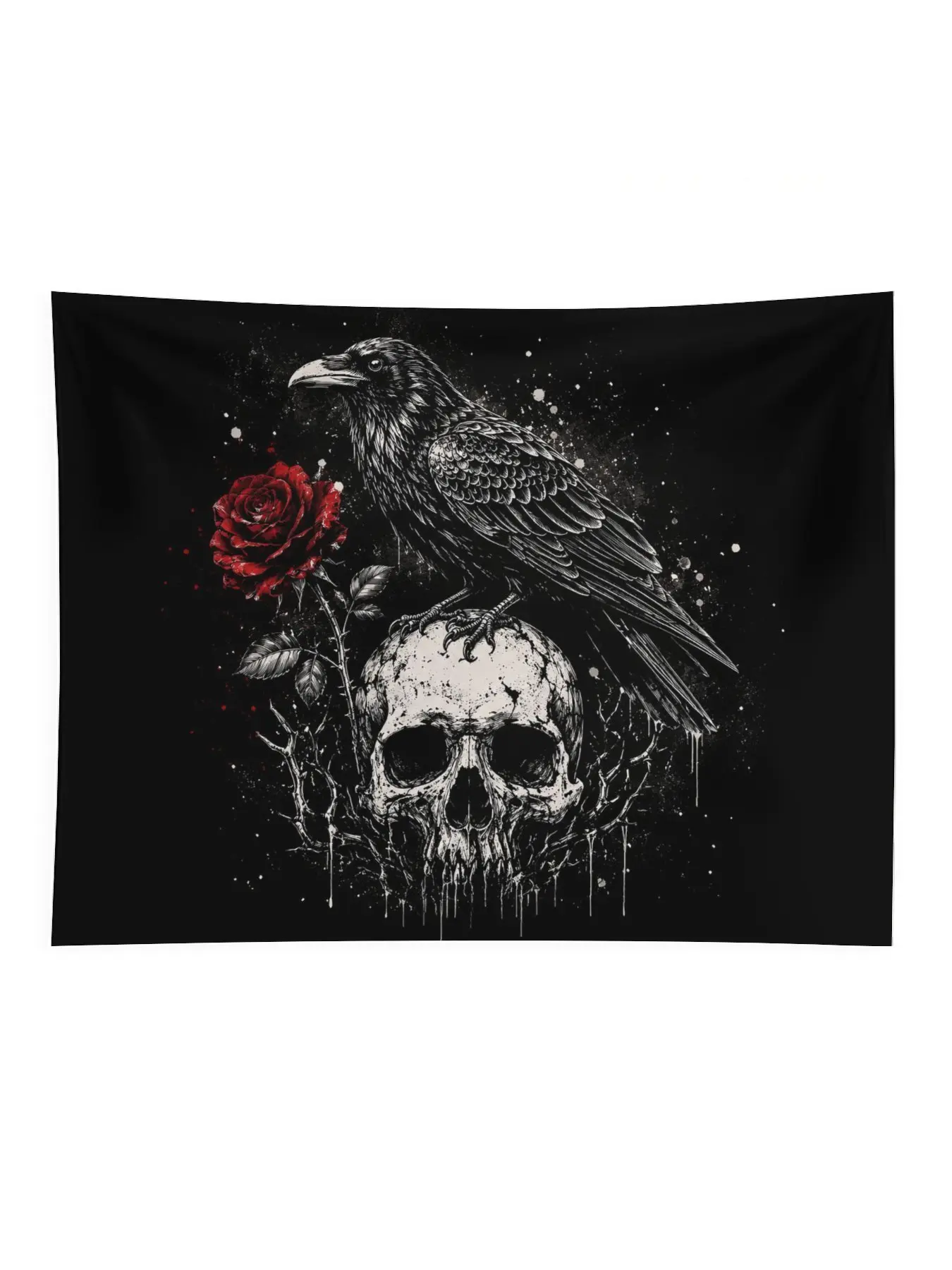 Gothic Raven Skull Tapestry, Black Crow and Red Rose Wall Hanging, Dark Grunge Skull Wall Art Decor for Bedroom Living Room Dorm