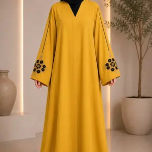 Mustard Floral Abaya for Women, Modest Long-Length Islamic Clothing, Breathable Casual Wear