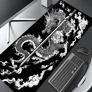 Fashion Ink Art Dragon Sword Design Large Gaming Mouse Pad,Aesthetic Desktop Drotection Pad,Washable Rubber Pad Non-Slip Lock Edge Multi-Size Mouse Pad Suitable For Home Office,Desk Accessories,Good Gift for Family and Friends