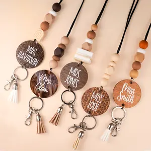 By the Graces Personalized Neutral Teacher Lanyards - Cozy Collection - Mocha, Brown Sugar, Espresso, Latte, Maple - 40" Paracord with Silicone & Wooden Beads - Great Teacher Gifts