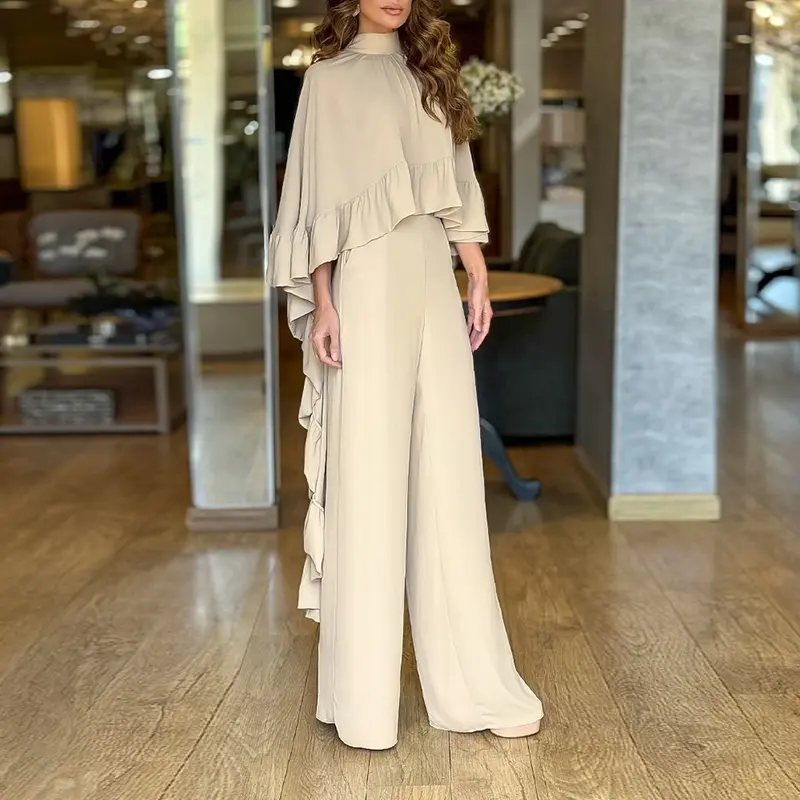 CHICME 2026 2 Pieces High-Waisted Lounge Outfit High Neck Hollow-out Back Ruffles High-Low Hem Cape and Casual Elastic Back Waist Wide Leg Pants Set