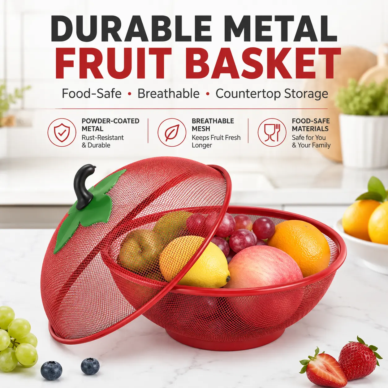 Metal Mesh Fruit Basket with Lid, Fruit Fly Proof Countertop Food Cover Bowl, Breathable Fruit & Veggie Holder for Kitchen, Dining Table, Patio, Picnic, Camping & Outdoor Dining